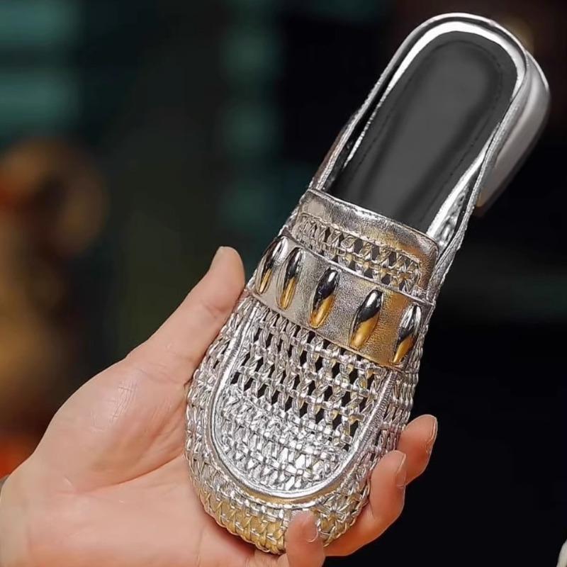 Women's Hollow Bow-top Slippers Summer New Round Head Deep Mouth Metal Buckle Soft Sole Non-slip Mid-heel Shoes