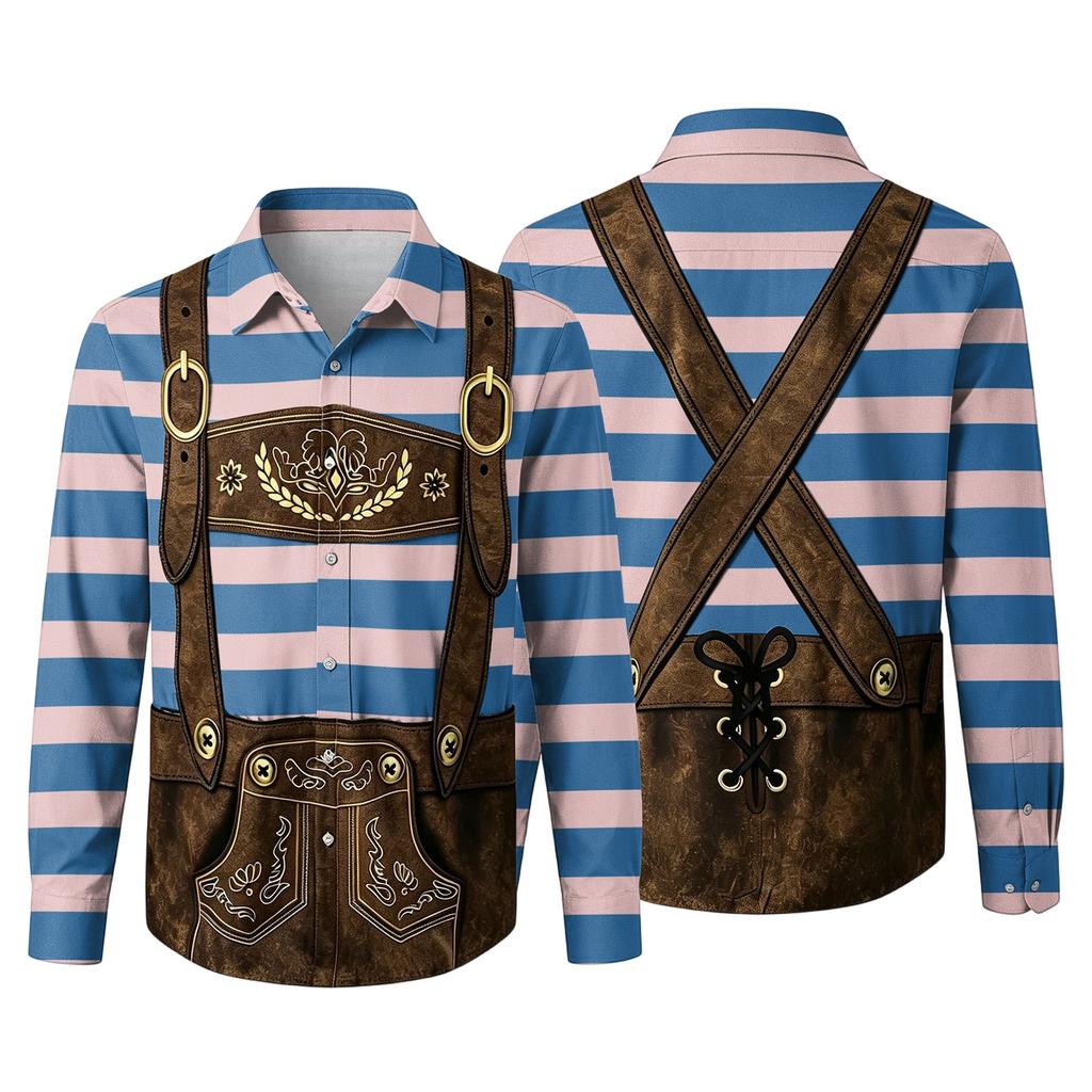 Herren Oktoberfest 3D-Druck Locker geschnitten Langarmhemd Button-Down-Kragen Lässig Vintage-Stil Atmungsaktives Hemd für Outdoor-Veranstaltungen und Partys