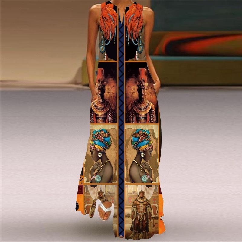 Women's V Neck Sleeveless Maxi Dress Loose Fit Elastic Waist Ethnic Vintage African Figure Print Long Dress