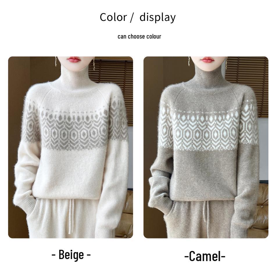 100% Wool Seven-Stitch High Neck Jacquard Women’s Sweater - Thick, Warm & Cold-Resistant Winter Base Layer