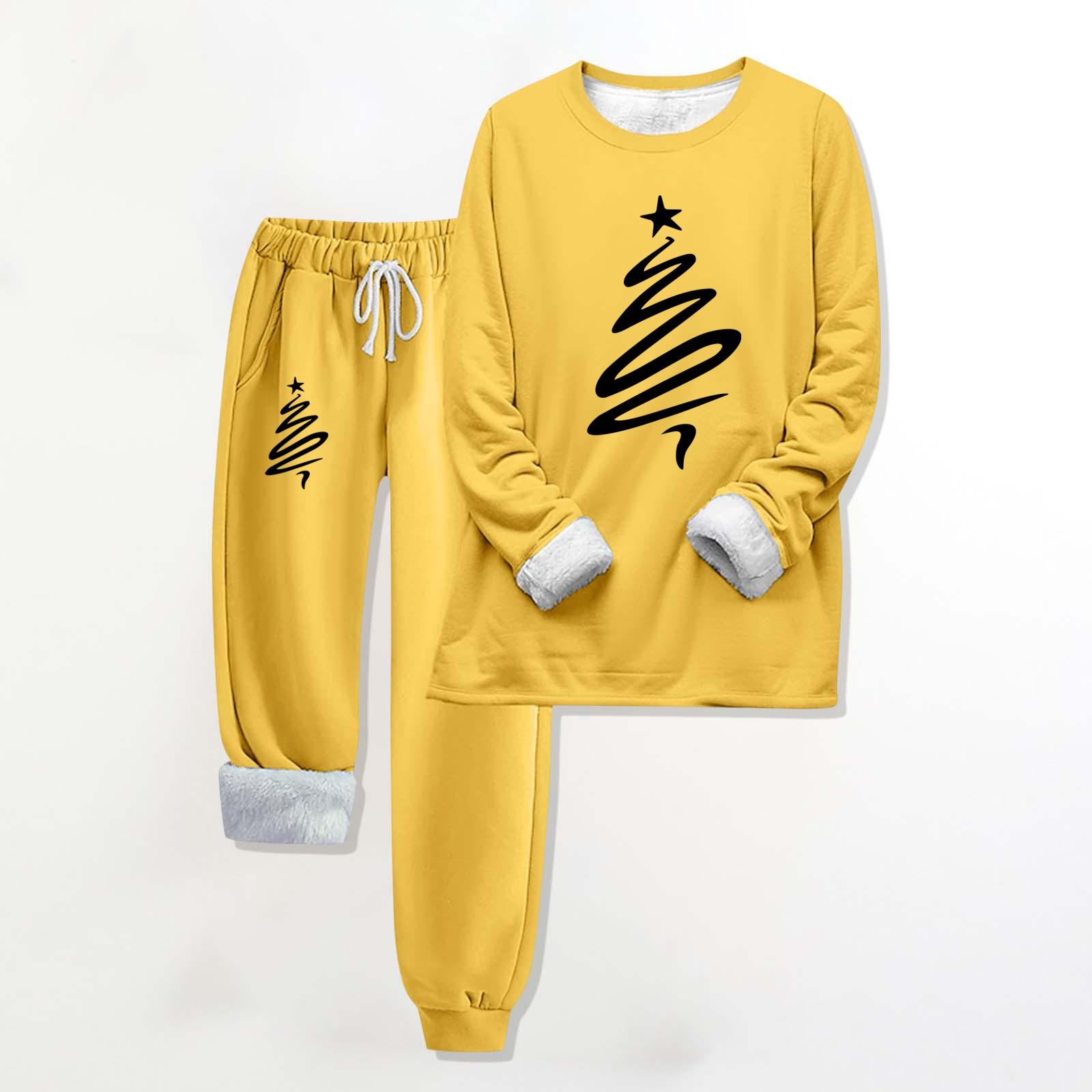

Комплект из двух предметов для женщин, теплый спортивный комплект с флисовой подкладкой, свитшот с круглым вырезом и длинными рукавами, с рождественским принтом, спортивные штаны с завязками на талии XXXXXL жёлтый