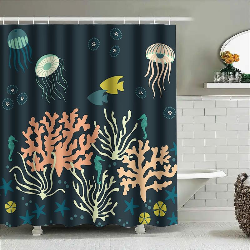 Modern Bath Shower Curtain With Marine Life Printjellyfish, Sea Urchins, Seashells Coral Waterproof Fabric For Home Decor In Nav