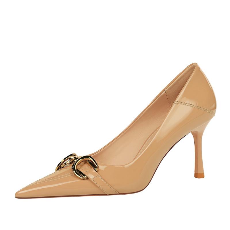 Women's Party High Heels Patent Leather Pointed Toe Pumps with Metal Buckle Decor Slim Stiletto Dress Shoes for Women
