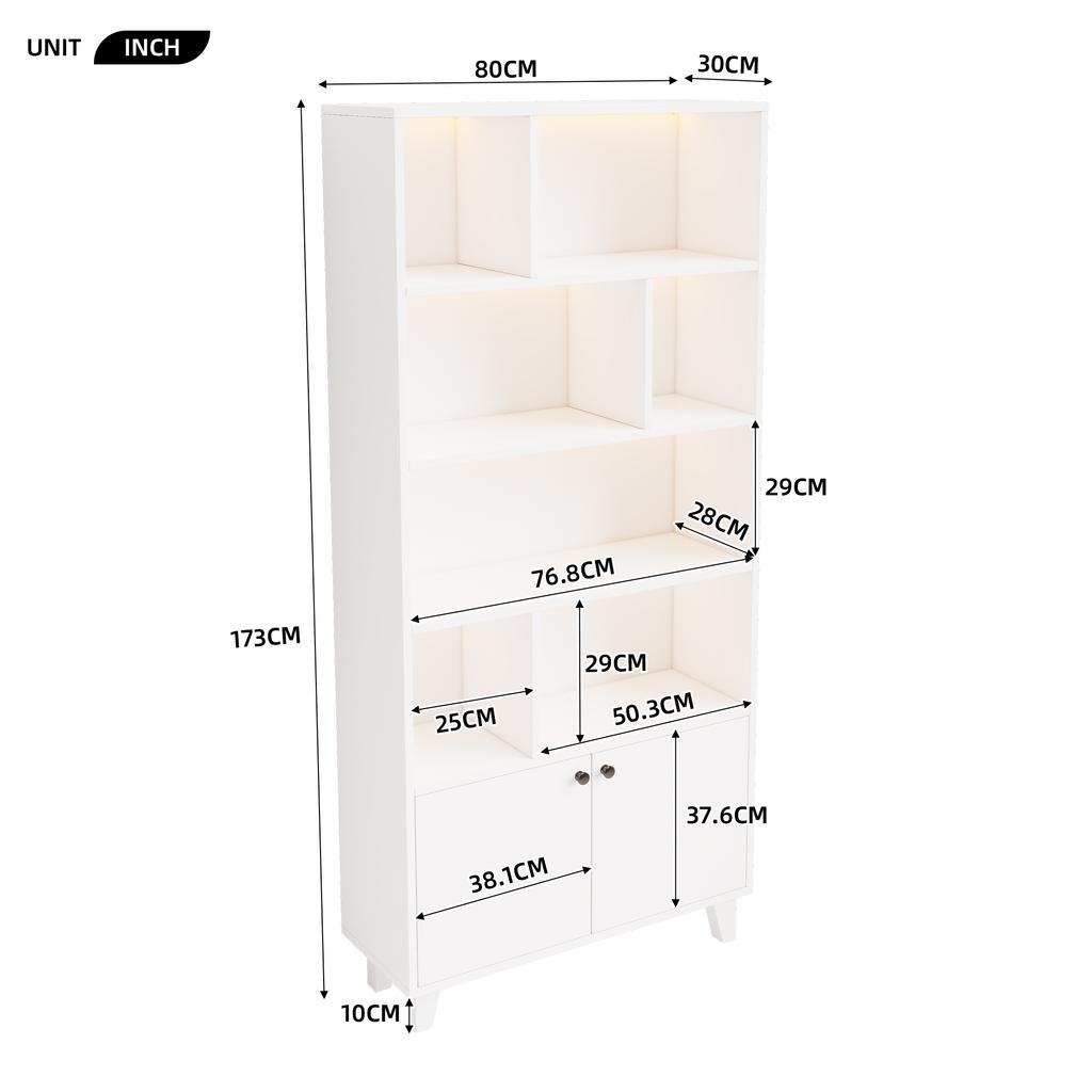80x30x173cm Bookshelf, Solid Wood Legs, Multiple Storage Compartments, Double Doors, LED Color-Changing Ambient Light, App Control, White