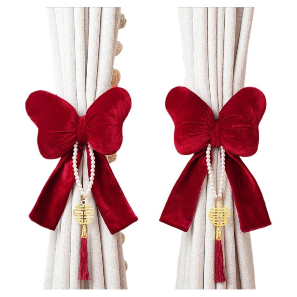 Velvet Bow Curtain Straps Romantic Adjustable Mosquito Net Tie with Tassels Red Curtain Tieback Wedding Celebration