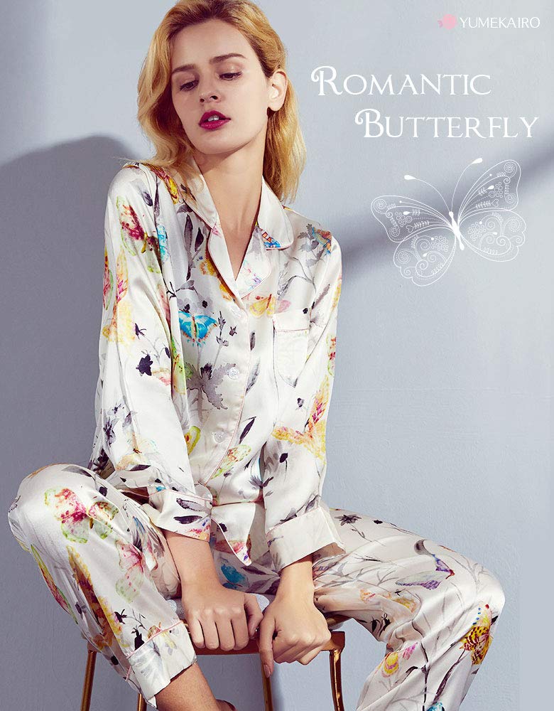 Yumekairou Silk Long Watercolor Butterfly Floral Print with Waist Open Butterfly Pattern Women's 100% Pajamas, Sleeve, Ribbon, Multicolor, Ivory,