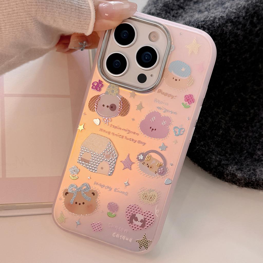Vergoldete iPhone15 Handyhülle 16Promax Laser Pink Cartoon 16 Sturzsicher