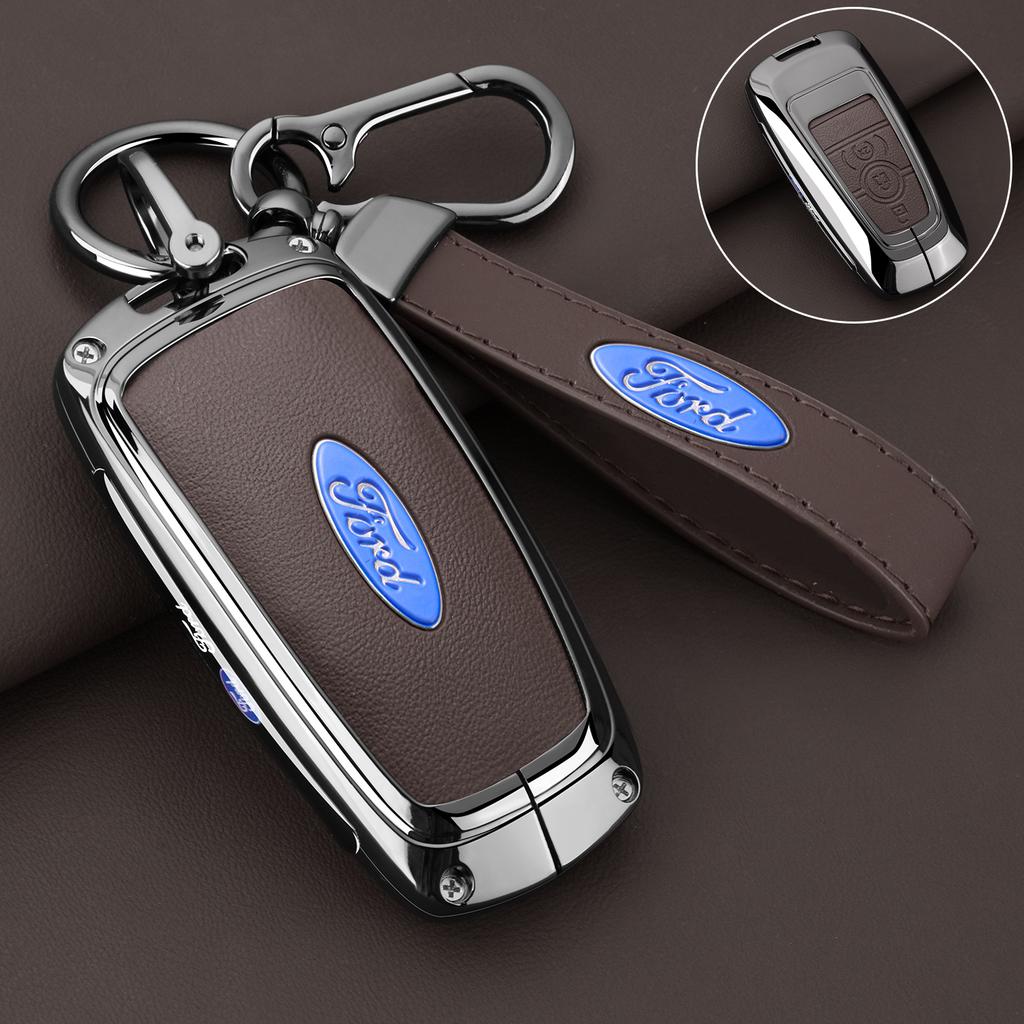 Leather Car Key Case Protector Cover for Ford Fusion Mustang Explorer F150 F250 F350 EcoSport Edge S-MAX Ranger Lincoln Mondeo