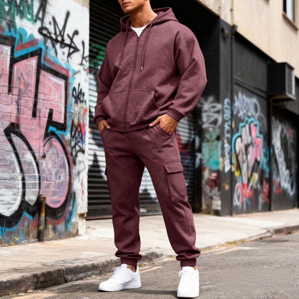 Men's Fleece-Lined Thermal Two-Piece Tracksuit | Color Hooded Sweatshirt Jacket & Elastic Waist Cargo Joggers For Casual Outdoor