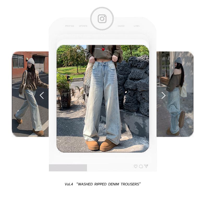 Damskie postarzane retro amerykańskie dżinsy: Jesień 2025 Luźne Szerokie Nogawki z Designem Drapanym