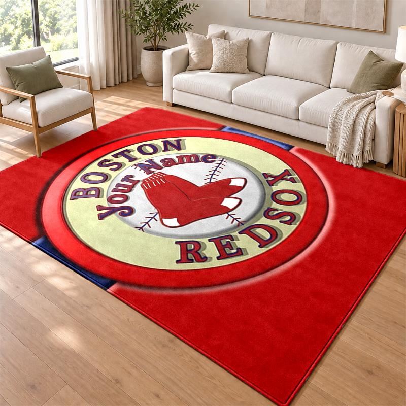 Boston Red Sox Custom Name Personalized Rug Non‑Slip Doormat Floor Carpet Housewarming Birthday Gift for Family Friends