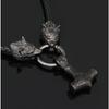 Nordic Viking Thor Hammer Pendant Necklace Silver Black Wolf Head Necklace Men's