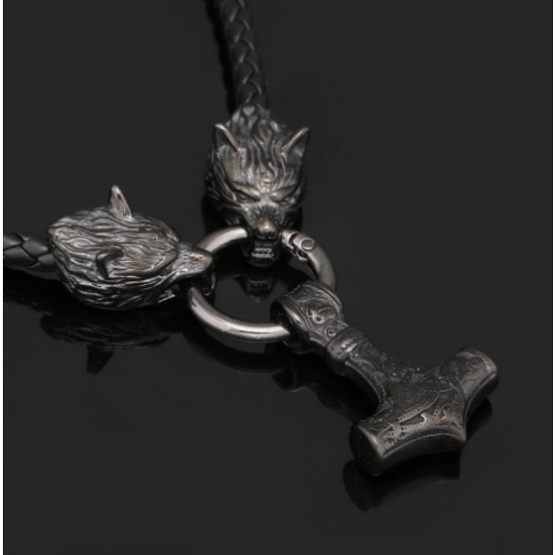 Nordic Viking Thor Hammer Pendant Necklace Silver Black Wolf Head Necklace Men's