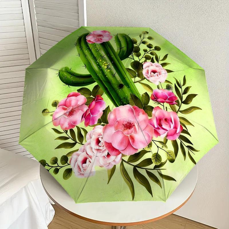 1pc Cactus Flowers Automatic Folding Umbrella, Heavy Duty 8 Rib Iron Frame,  Suitable for Travel, Daily Use, Birthday, Decor Gift M0104049