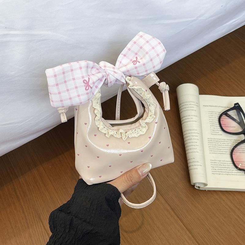 Creamy White Faux Leather Mini Tote Bag Plaid Bow Heart Print Lace Trim For Girls Daily Use School Dates