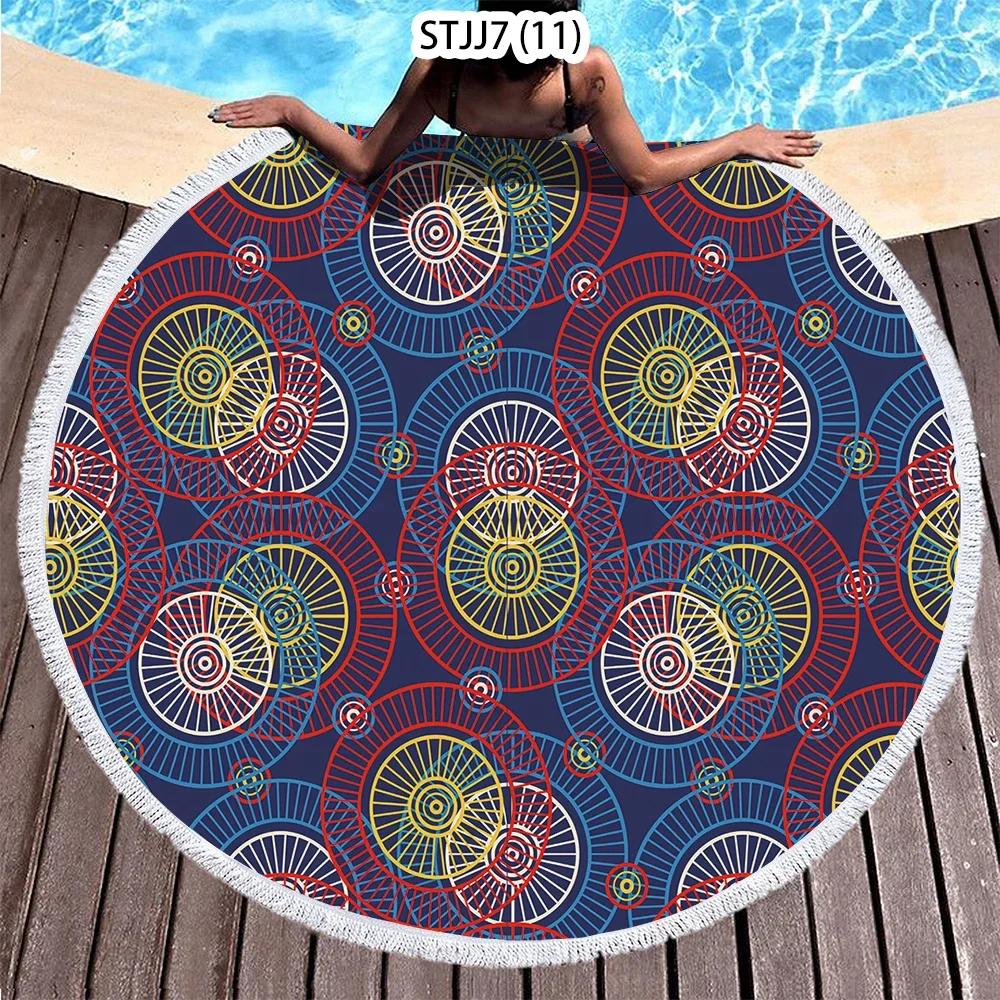 Ethnic Plaid Beach Creative Swimming Towel Microfiber Round Beach Towel Mandala Stripes Adult Large Round Bath Towel