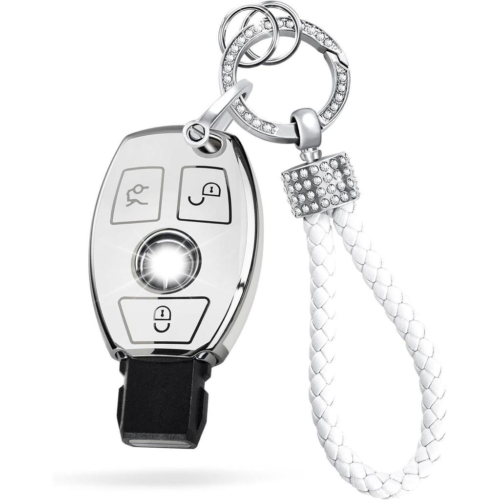 Car model TPU key cover with diamond braided rope keychain - Silver edge design.