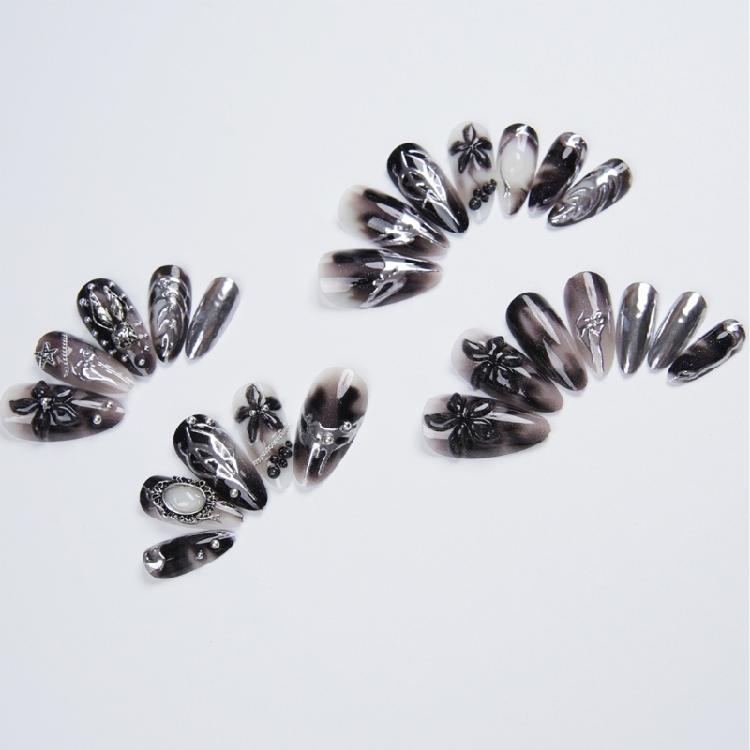 DIY Manicure Set Press On Manicure In Gothic Black Silver, Long Almond Shape, 12 Sizes, Adhesive Tabs and File for Dress-Up Looks At Home