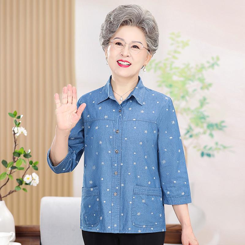 New Summer Eight-Sleeve Pure Cotton Shirt for Elderly Women - 60s/70s Style Grandma Top