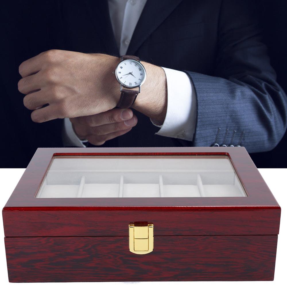 Elegante Holz-Uhrenbox 10 Fächer Rote Schmuckschatulle Luxuriöse Glänzende Vitrine Zuhause