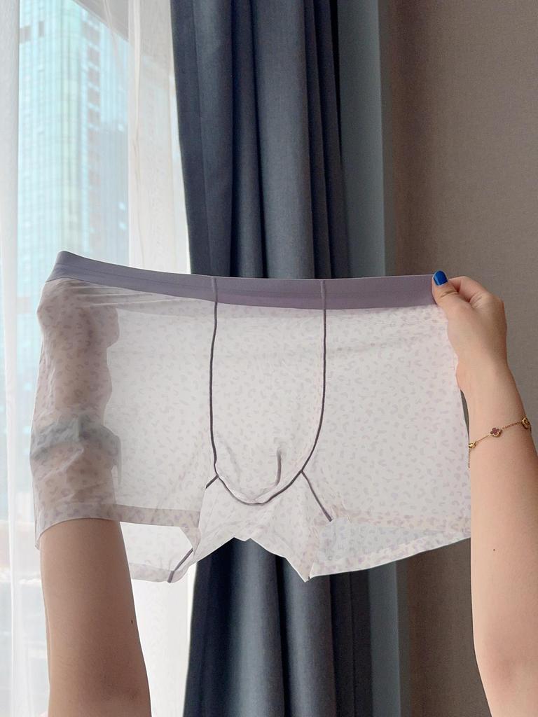 Cueca Boxer Masculina Transparente Estampa Leopardo Ultra-Fina Seda Gelada 10A com Aroma de Camélia Antibacteriano