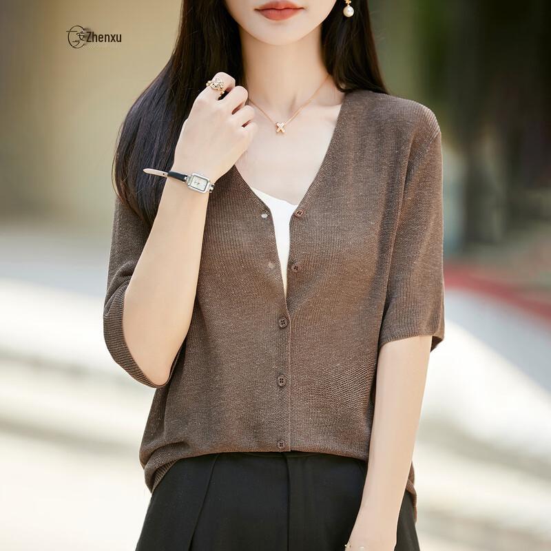Women's Lightweight Tencel-Linen V-Neck Short Sleeve Knit Cardigan Tee