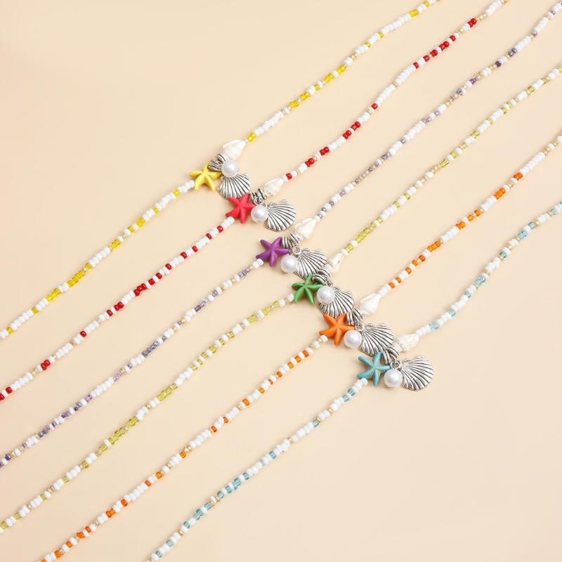 Beautiful Bohemian Starfish Pendant Necklace Colorful Bead Choker Adjustable Neck Chain Jewelry for Women and Girls
