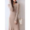 V-Neck Wool-Cashmere Sweater Dress for Women - Slim Fit, Mid-Length, Over-the-Knee, Autumn/Winter Style