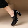 Autumn New Patent Leather Chunky Heel Woman Shoe Round Toe Thick Sole Designer Black Brown Pumps Slip-on Lace Up Career Heels