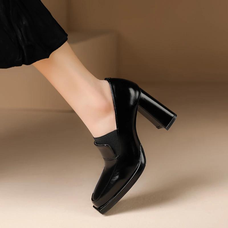 Autumn New Patent Leather Chunky Heel Woman Shoe Round Toe Thick Sole Designer Black Brown Pumps Slip-on Lace Up Career Heels
