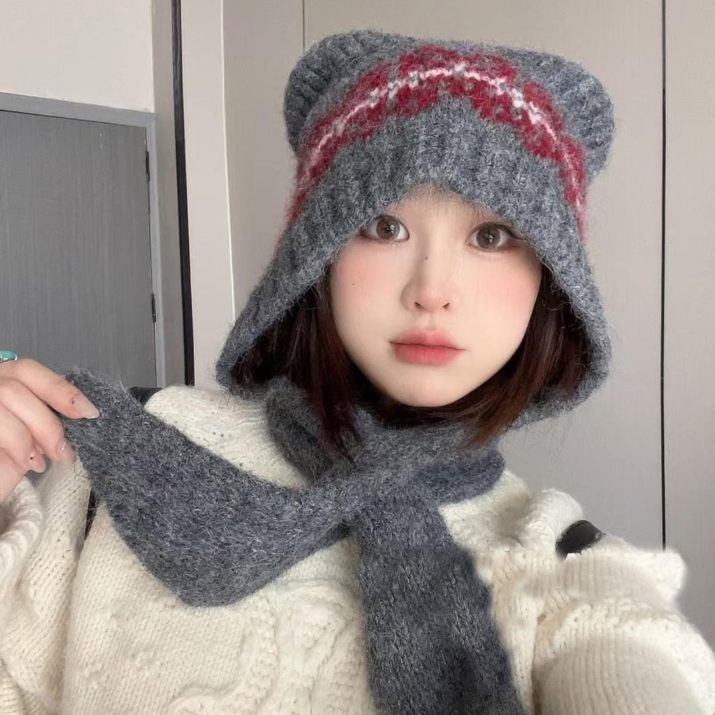 Cute Wool Blended Bear Hat for Women in Autumn and Winter Maillard Face Showing Small Warm Ear Protection Scarf Integrated Woolen Hat