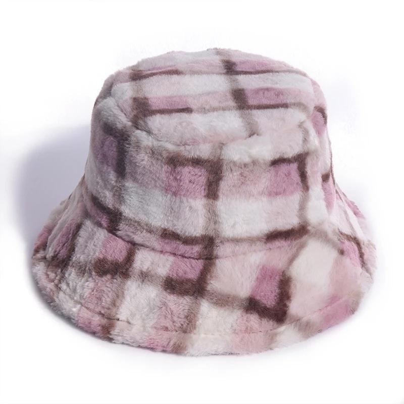 Faux Fur Winter Bucket Hat for Women Fashion Retro Lattice Soft Warm Fishing Cap Outdoor Foldable Hat Fisherman Hat