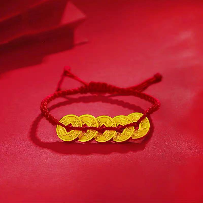 Handmade Lucky Five Emperors Bless Have Bring Wealth Money Coin Rope Year Crystal Bracelet Hand-woven Antique Bracelet Gift