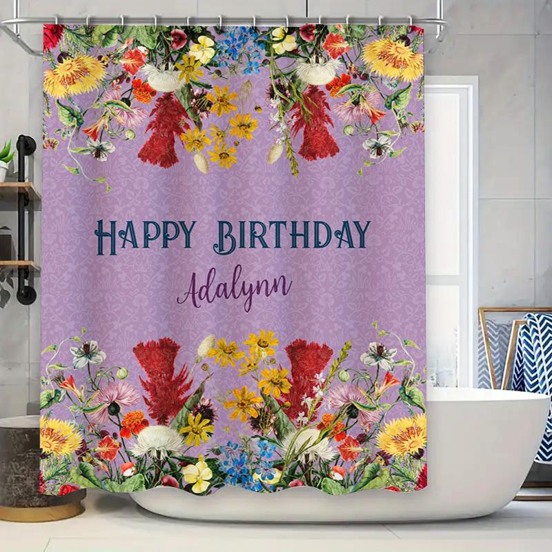 

Personalized Birthday Shower Curtain Set Decorative Custom Name Printed Flowers Bath Rug Non-Slip Bathroom Liner 90x180cm