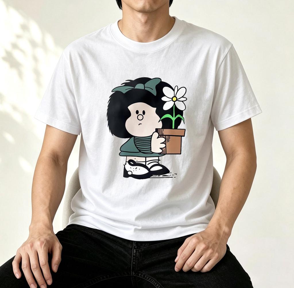 Mafalda Fan Geschenk T-Shirt Vintage Comic-Strip Hintergrund Grafik Unisex Weiche Baumwolle Rundhals Lässige Tägliche Oberteile