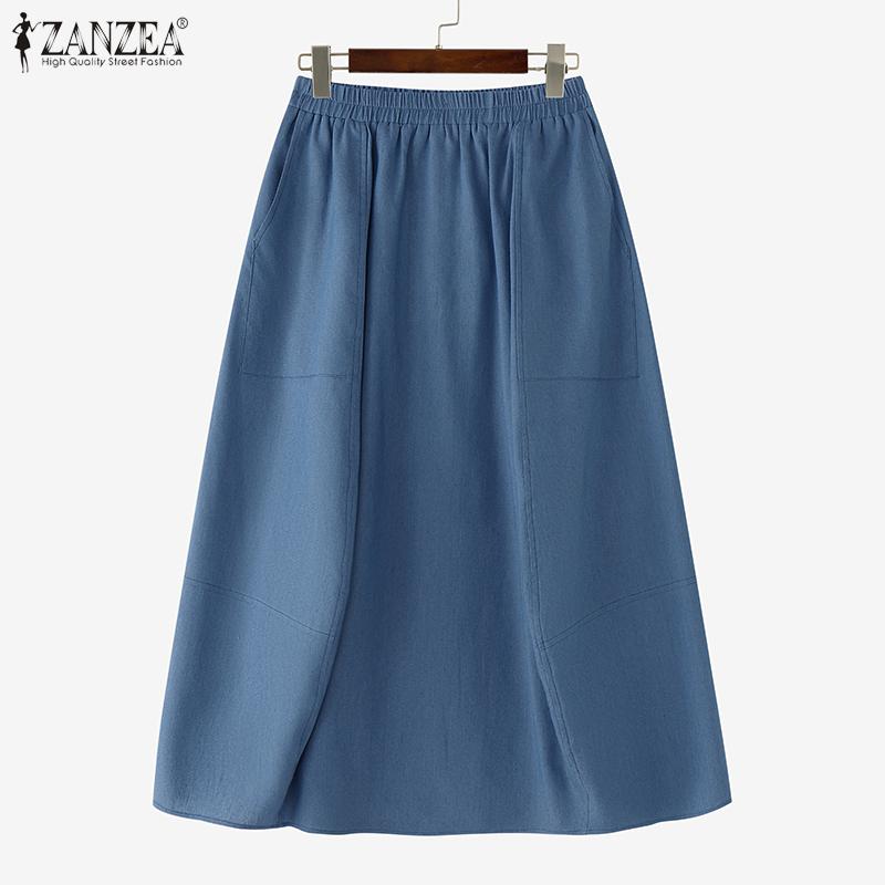 ZANZEA Womens Summer Casual Elastic Waist Solid Color Loose Skirts