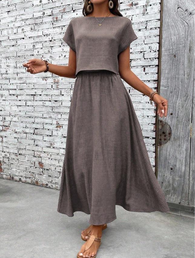2026 summer fashion casual European and American cross-border 2-piece set women's solid color short-sleeved top and casual A-shaped skirt set