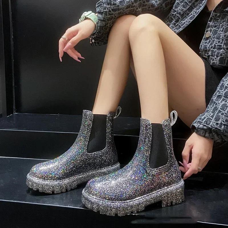 Fashion New Women's Shiny Color Fashion Rain Boots Four Seasons Wearable Water Shoes Ladies Outdoor Waterproof Mid-tube Ankle Boots
