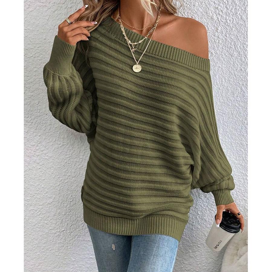 Autumn Winter New Solid Color 3D Ribbed Horizontal Stripe One-Shoulder Batwing Sleeve Pullover Knit Sweater for Women