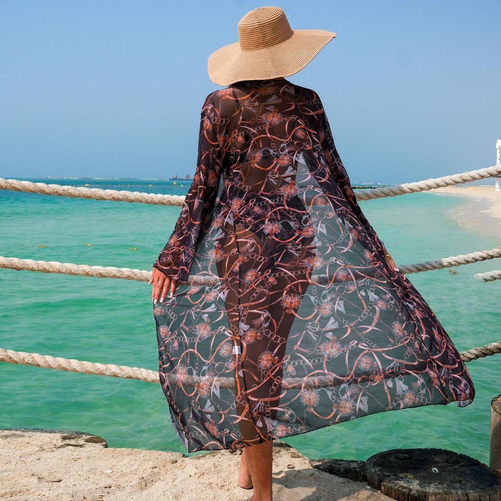 Fashionable Women's Sexy Multi-Color Printed Mesh Cover-Up Three-Piece Bikini Set
