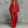 Women's Casual Two-Piece Top and Bottom Set with Half Zip Turn-Down Collar, Sleeves, Cotton Linen