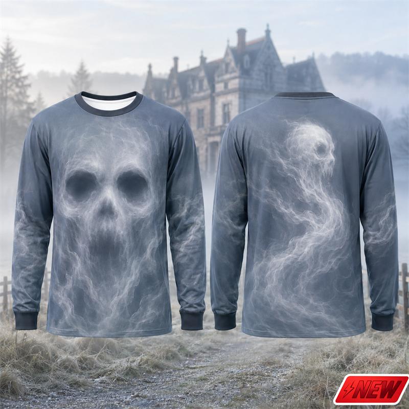 Novelty Long Sleeve T‑Shirt Men Gothic Flame Smoke Skull 3D Print Tee Fire Skeleton Graphic Casual Halloween Party Street Top