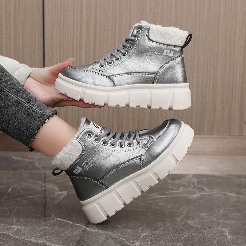 158 new autumn and winter Korean casual women's velvet medium-top version warm and heightening cotton shoes color-matching snow boots