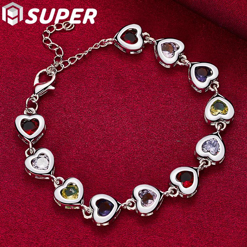 925 Sterling Silver Heart Inlaid With Multi-color AAA Zircon Bracelet Jewelry