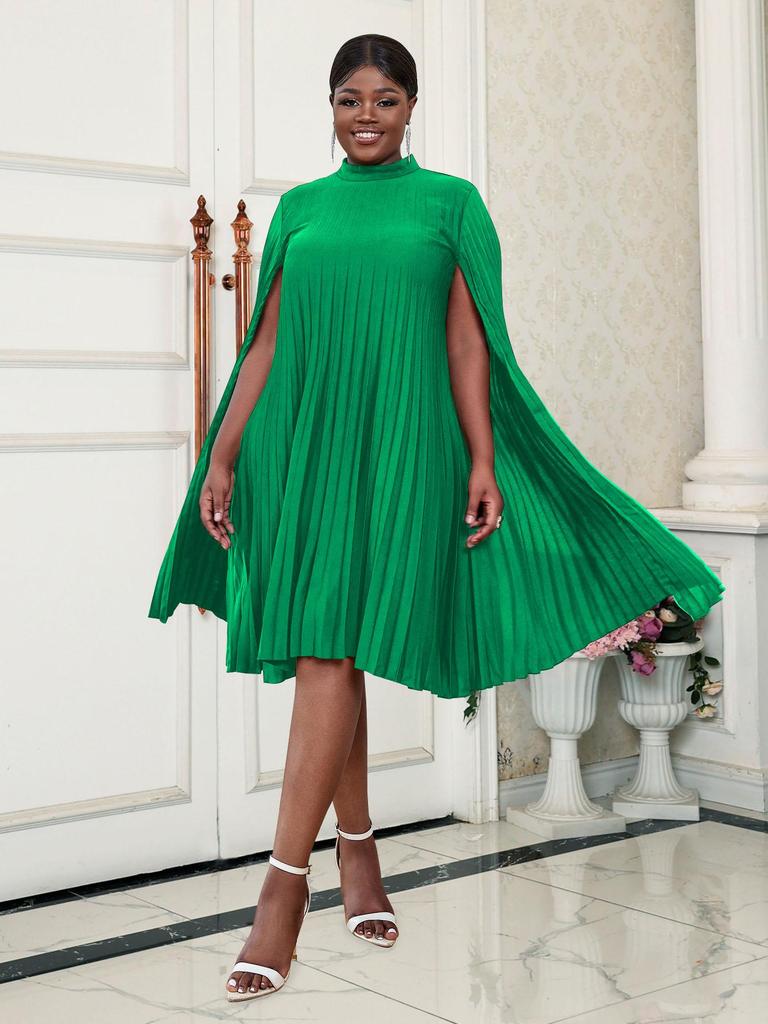 AOMEI Party Dresses for Women Stand Collar Pleated Cape Sleeve Loose Midi Dresses Elegant Lady Evening Wedding Birthday Events Red Outfit