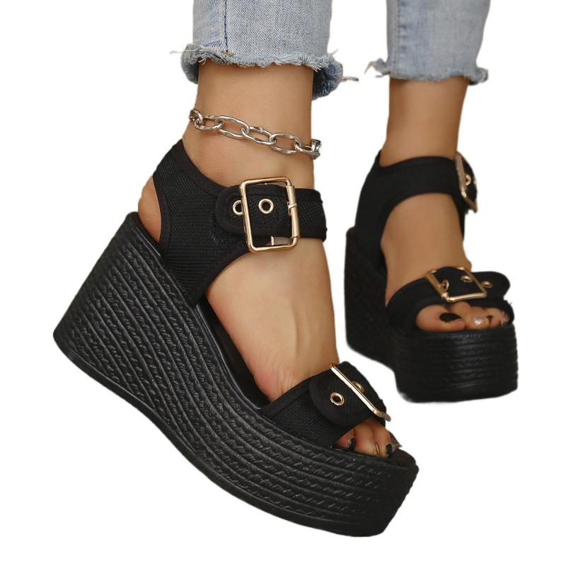 Thick Bottom Women's Wedge Heel Sandals Summer 2025 Buckle Strap Chunky Platform Sandals Woman Fashion Plus Size Beach Sandalias