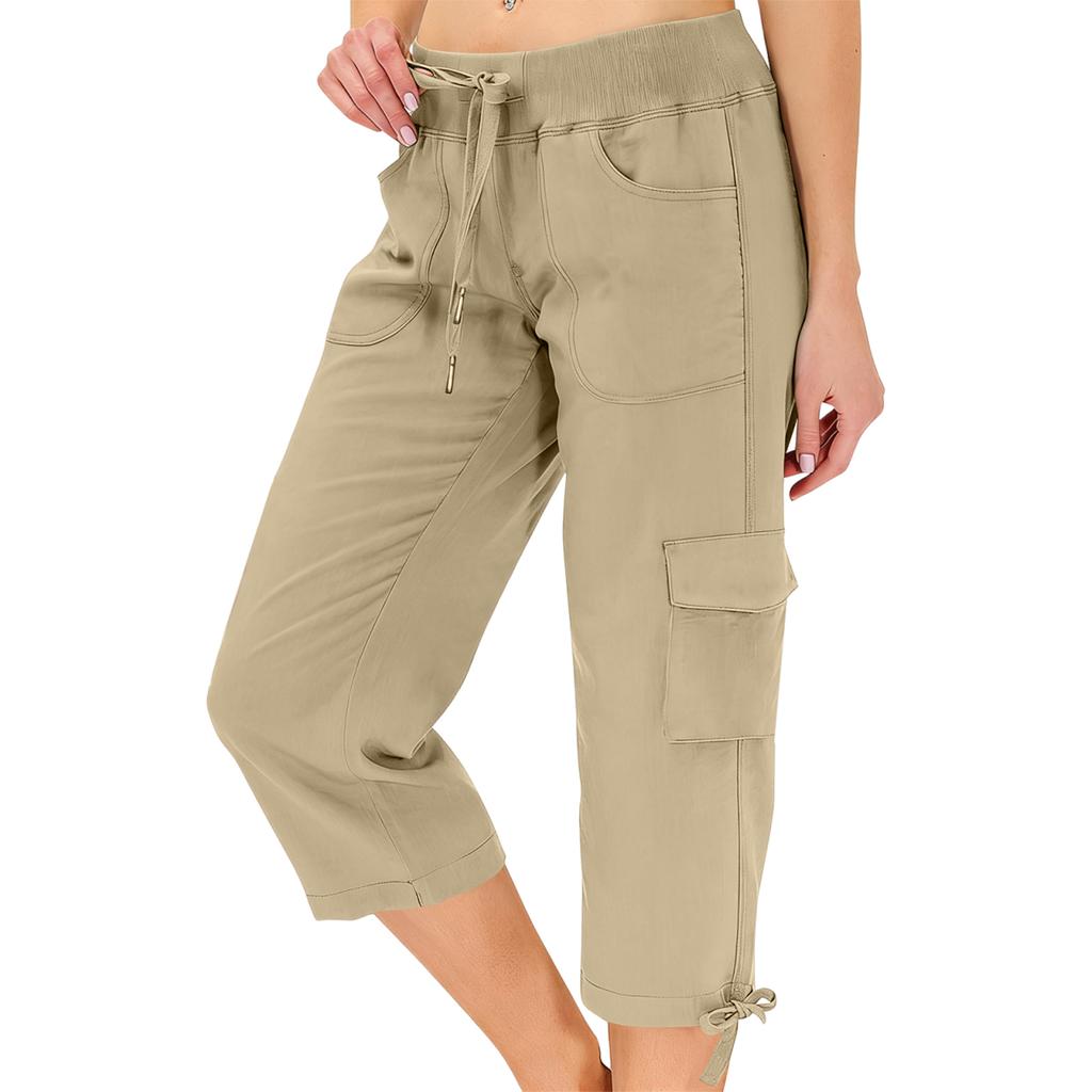 Women’s Loose Fit High Waist Elastic Waistband Lightweight Hiking Pants with Dual Pockets and Drawstring Capri Length for Outdoor Activities