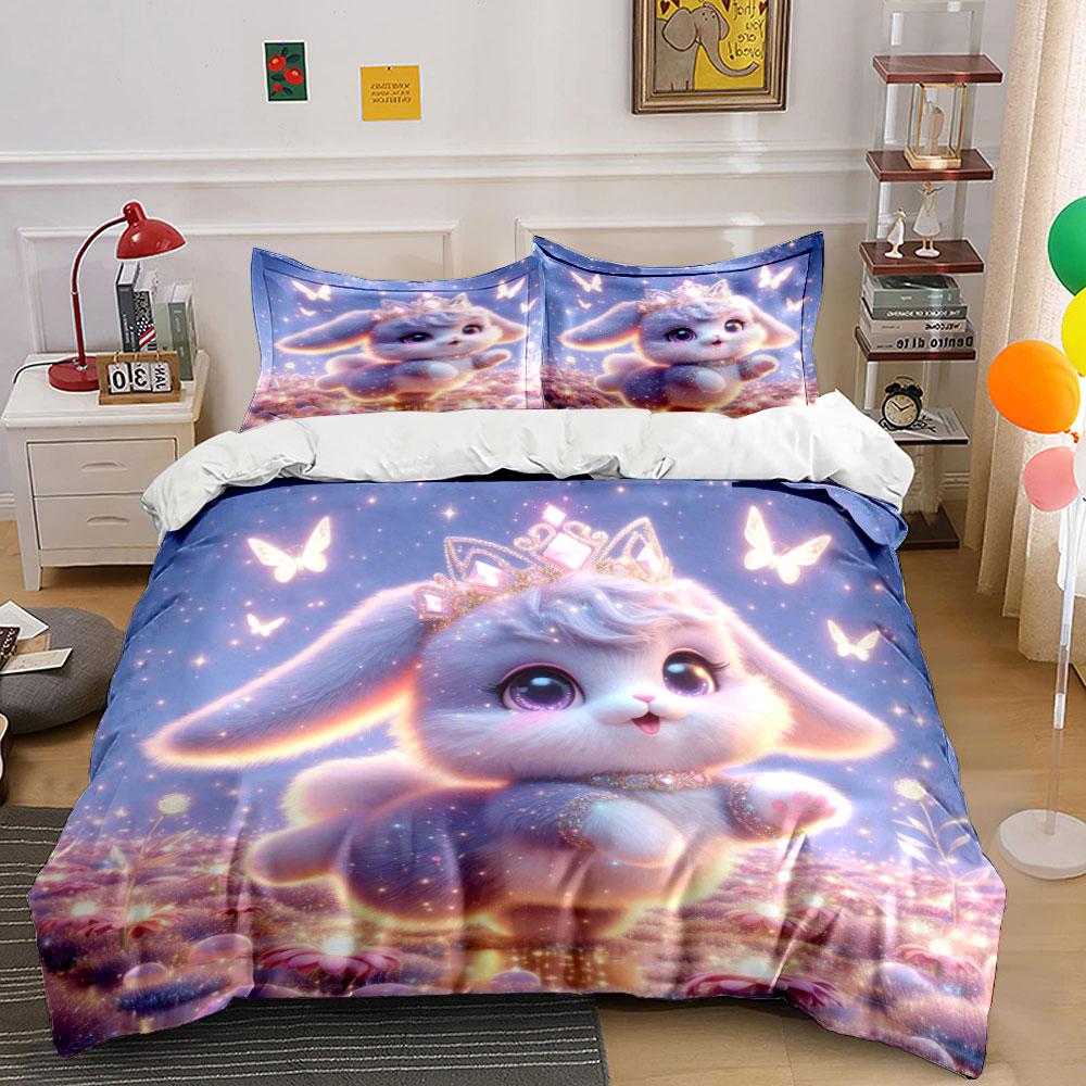 Dreamy Bunny And Glowing Butterflies Duvet Cover Set With 3D Printing Design Soft Polyester Bedding Set All-Season Comfort