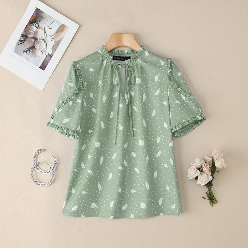 

ZANZEA Женская повседневная блузка с V-образным вырезом на шнуровке, летняя, с коротким рукавом и принтом S зелёный