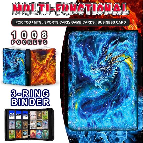 1008 Card Binder 9 Pocket, 3-Ring Trading Card Binder with 56 Page Removable Sleeves, High Storage Waterproof Trading Card Holder Collection Card